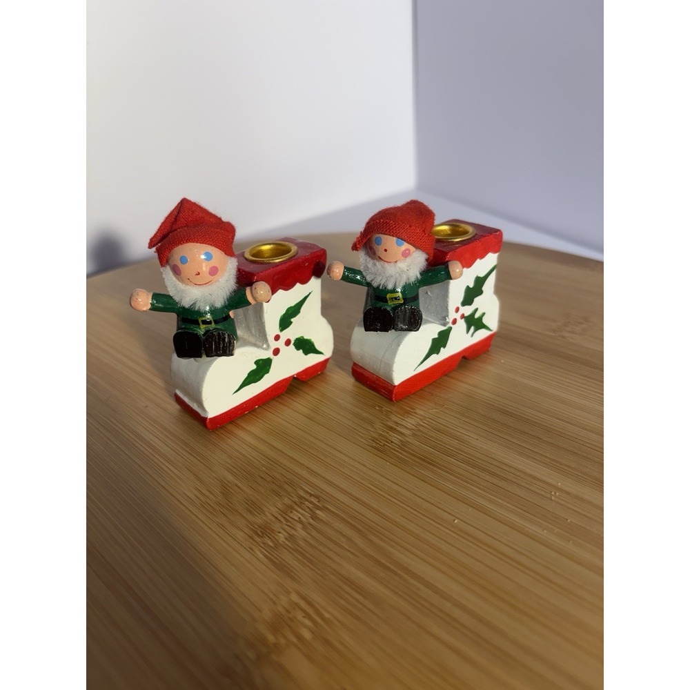 VTG 2 Pc. Wood Elf Candle Holders Hand Painted With Holly & Berries Christmas